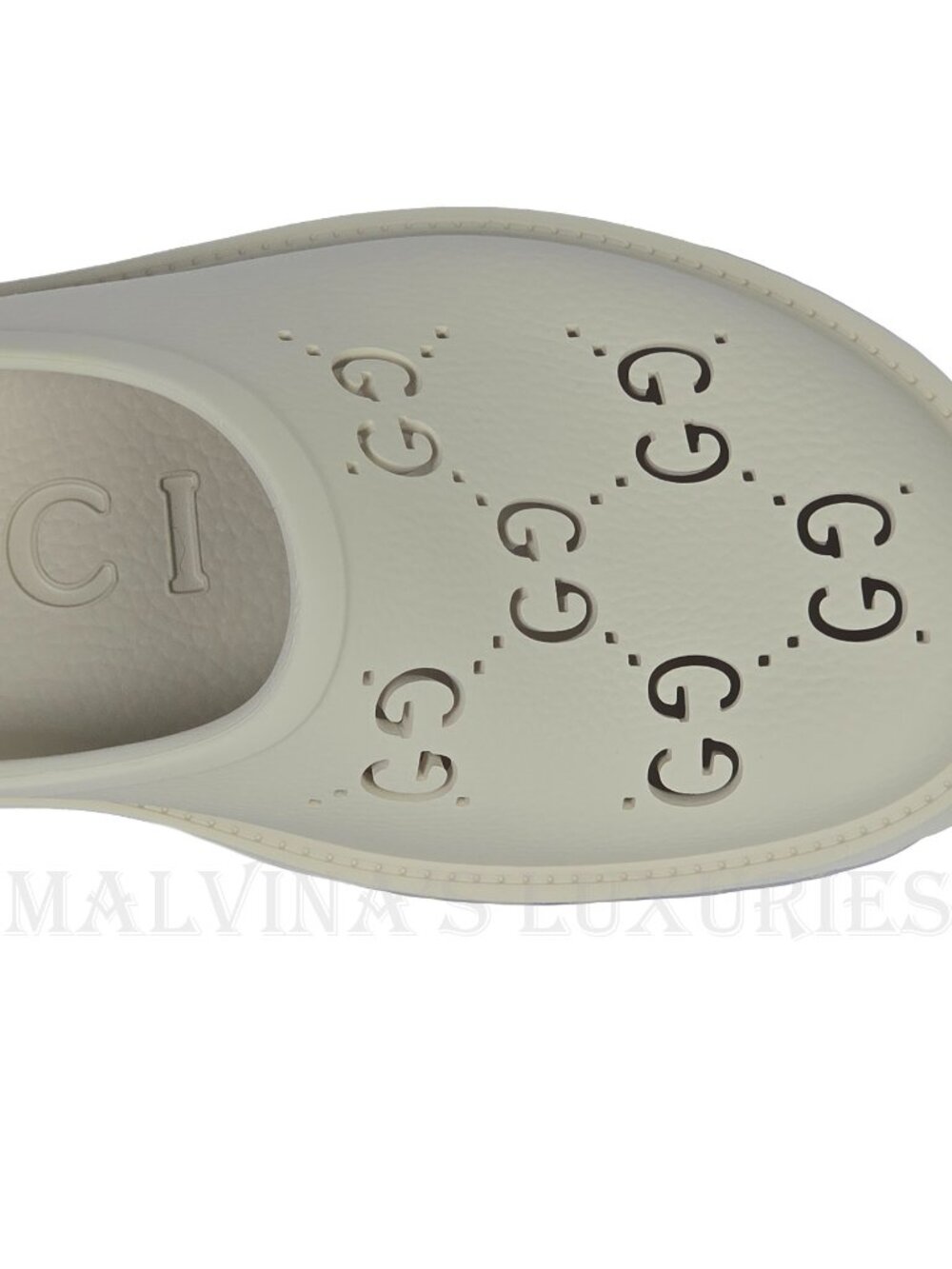 GUCCI SHOES ELEA PERFORATED RUBBER GG LOGO PLATFORM MULES SANDALS - Picture 12 of 16
